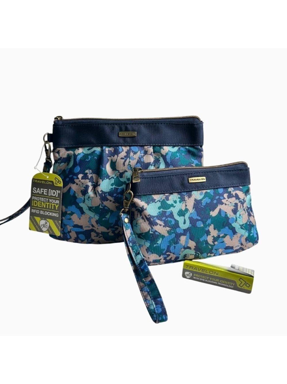 NWT Set of 2 Travelon RFID Blocking Anti-Theft Wristlets in Blue Floral Camo